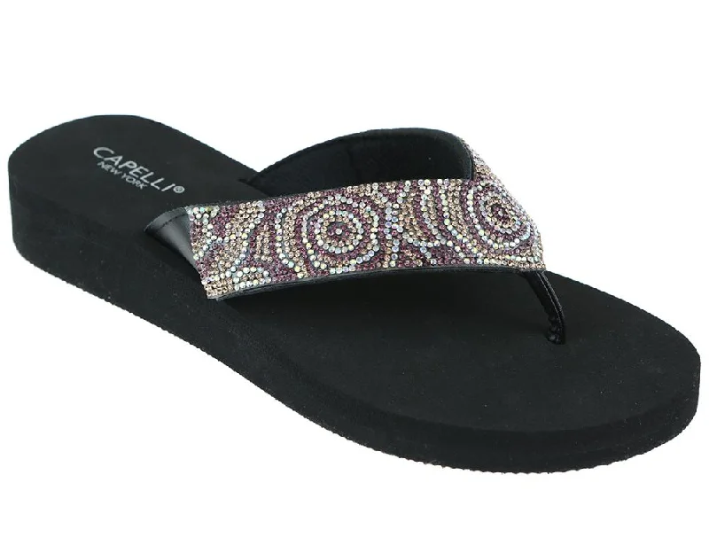 Ladies Black Tonal Gem Trimmed Wedge Flip Flop