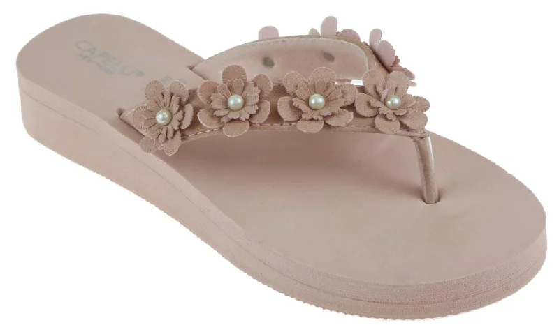 Ladies Blush Faux Suede Floral Wedge Flip Flop