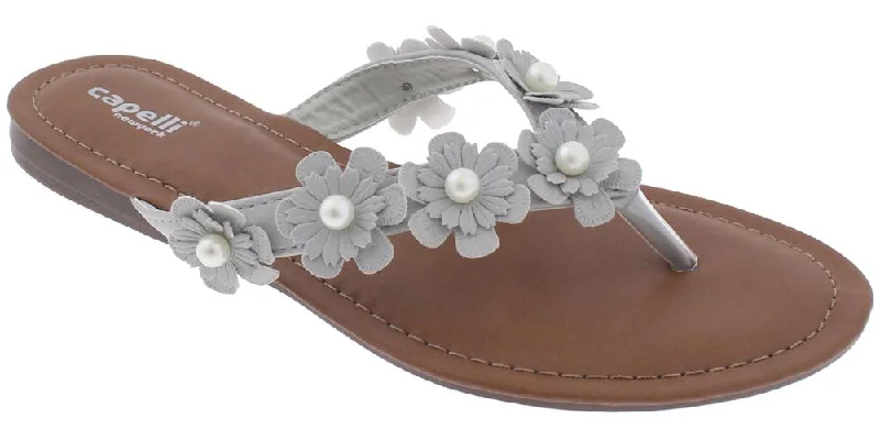 Ladies Light Grey Flowers with Pearl Trim Flip Flop