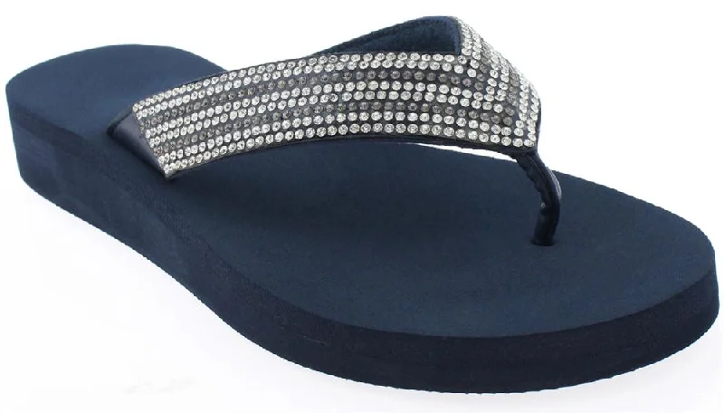 Ladies Navy Gem Trimmed Wedge Flip Flop