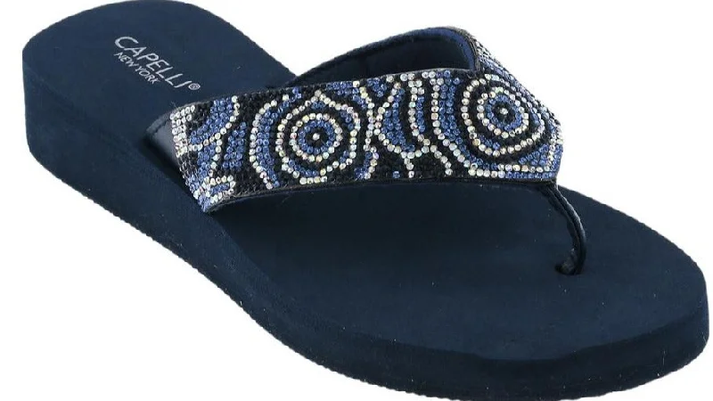 Ladies Navy Tonal Gem Trimmed Wedge Flip Flop