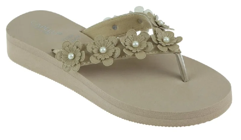 Ladies Taupe Faux Suede Floral Wedge Flip Flop