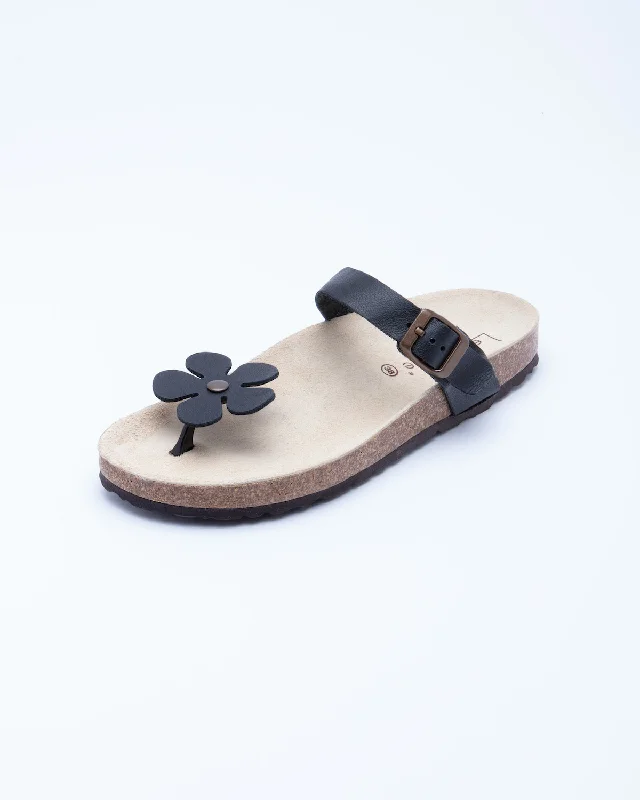 Women's Manu Flower Sandal Black Leather