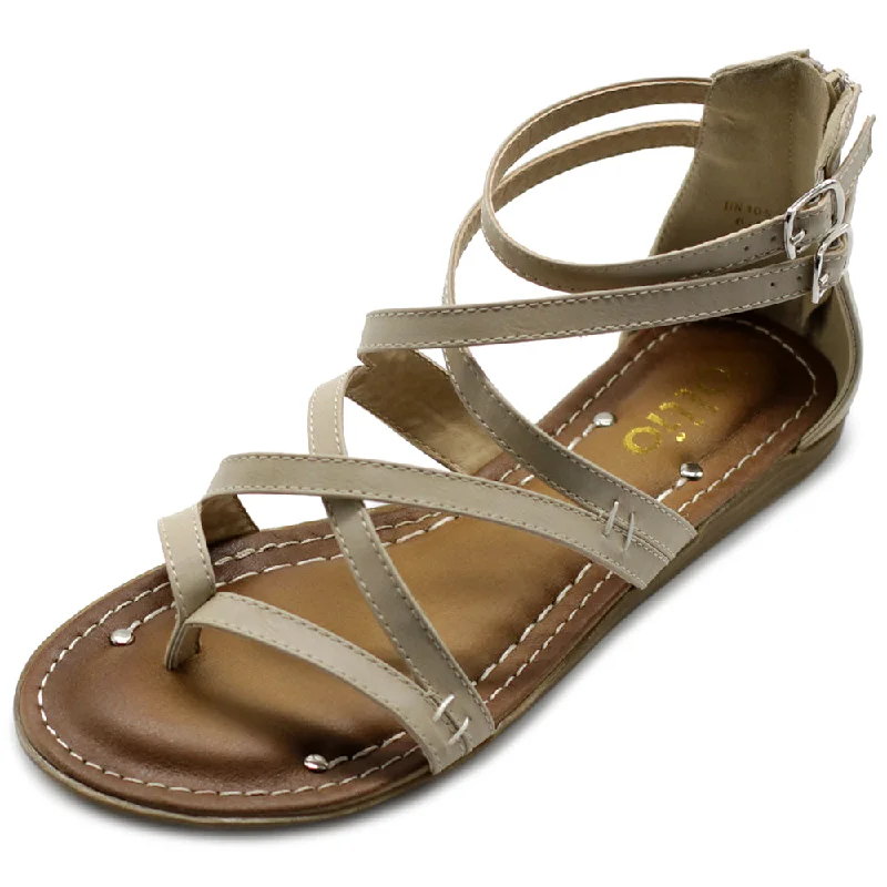 Ollio Women's Shoe Gladiator Strap Flat Zori Sandal